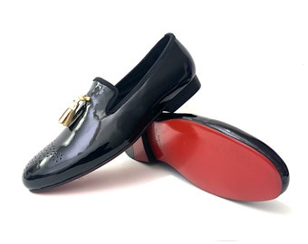 Merlutti Hochzeits-Loafer aus schwarzem Lackleder mit goldenen Quasten