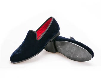 Merlutti Plain Navy Blue Velvet Slippers Loafers