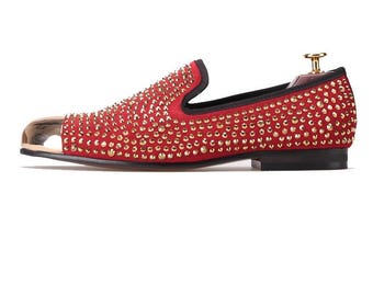Merlutti Red Loafer Gold Metal Toe Prom Wedding Flat