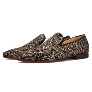 Merlutti Gold Rhinestones Rivets Suede Prom Wedding Loafers