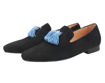Merlutti Black Loafers Big Blue Tassel Shoes Prom Wedding Flat