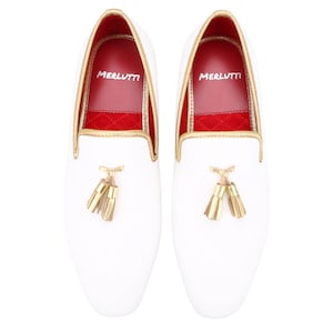 Merlutti White Velvet Loafer Gold Tassel Prom Wedding Flat image 5