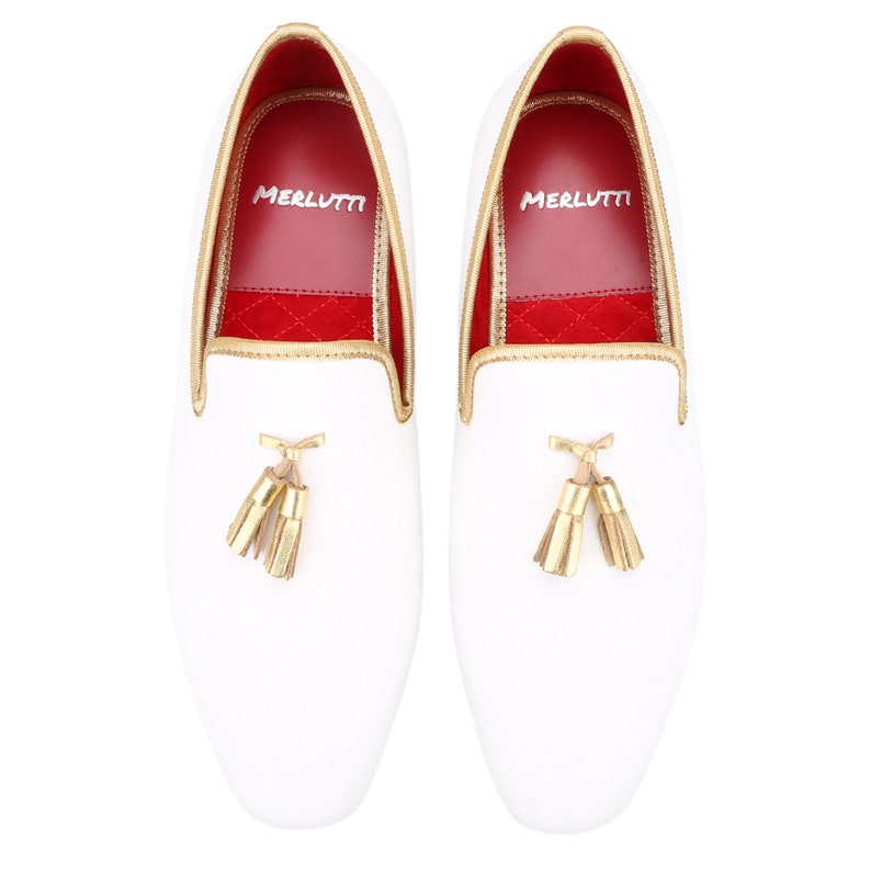 Merlutti White Velvet Loafer Gold Tassel Prom Wedding Flat image 5