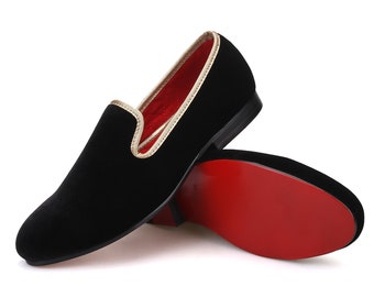 Merlutti Plain Black Velvet Gold Trim Prom Wedding Loafers