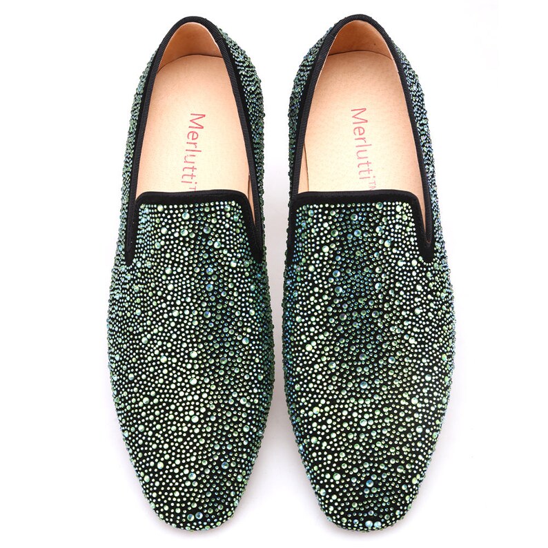 Merlutti Black Suede Green Crystals Prom Wedding Flat