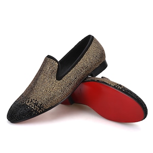 Merlutti Gold Loafer Black Rhinestones Tip Prom Wedding Shoes Flat