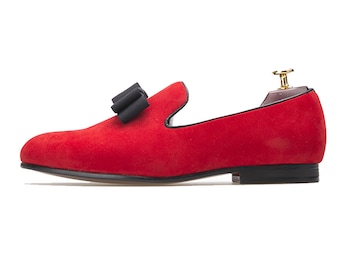 Merlutti Red Velvet Black Bowtie Wedding Prom Loafer