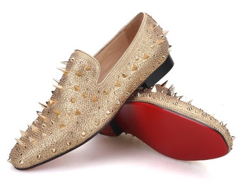 Merlutti Gold Loafer Gold Rhinestones Rivets Prom Wedding Flat