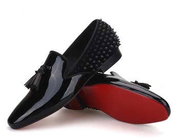 Merlutti Black Studded Patent Spiked Tassel Flat