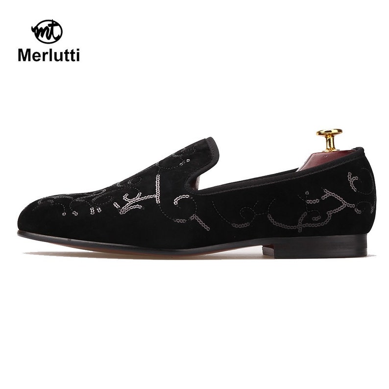 Merlutti handmade black sequin velvet loafers shops men's flats