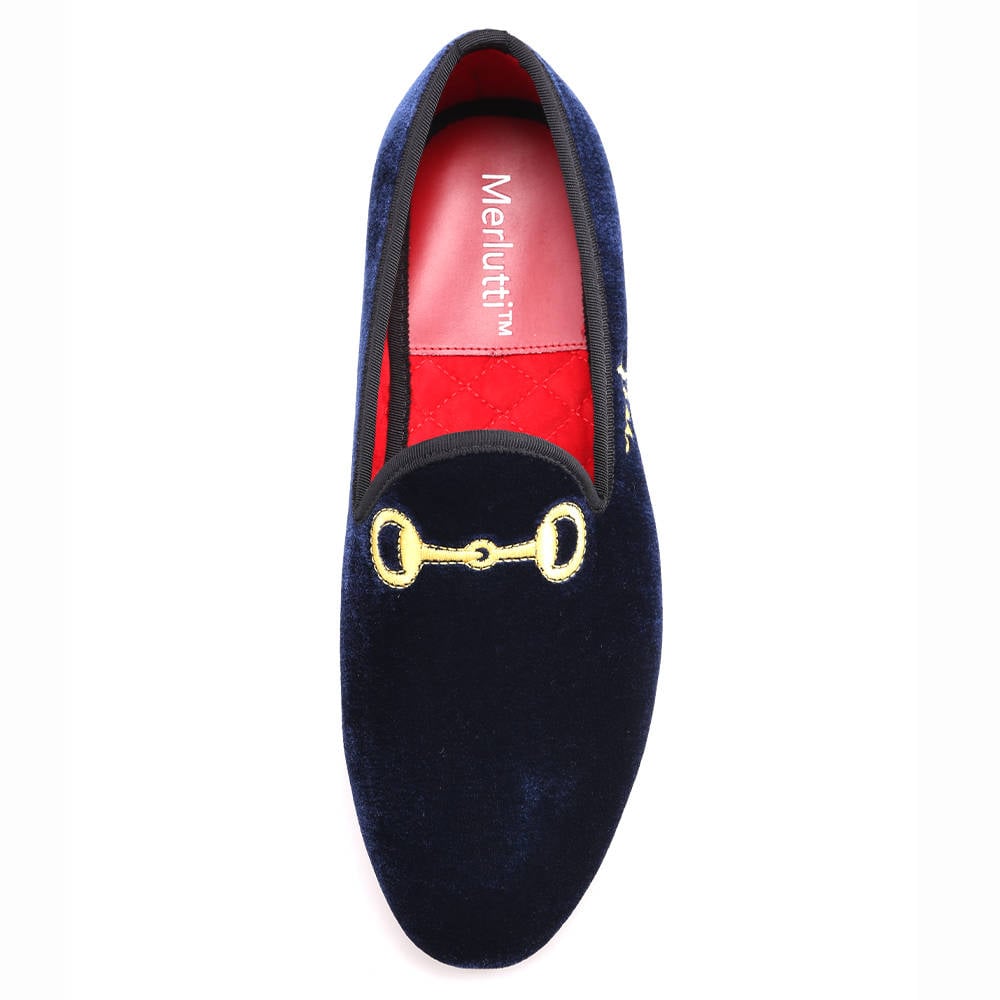 Merlutti Navy Blue Velvet Loafers Embroidered Horsebit - Etsy