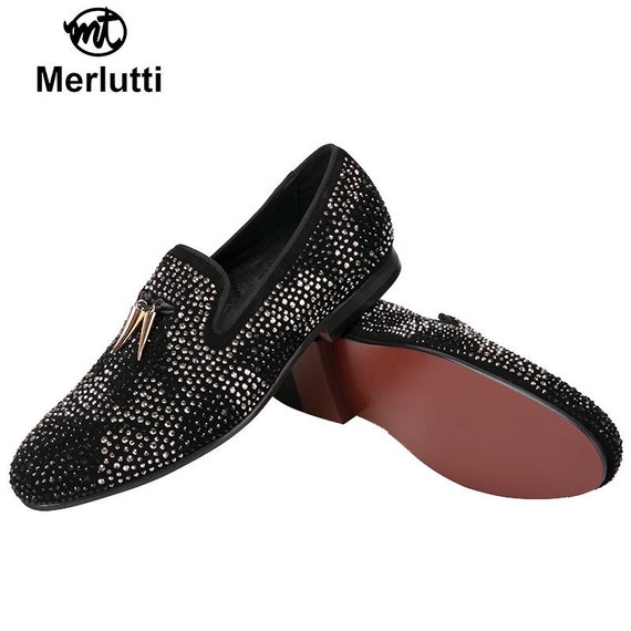 Merlutti Gold Rhinestones Spiked Loafers Long Rivets Sparkly Men Prom Wedding Shoes