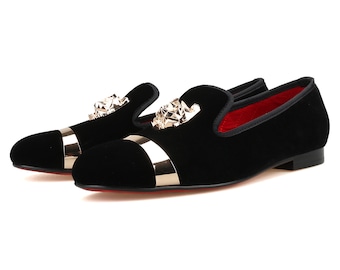FERUCCI Black Velvet Slippers Loafers Flat With Gold Buckle  display picture 1