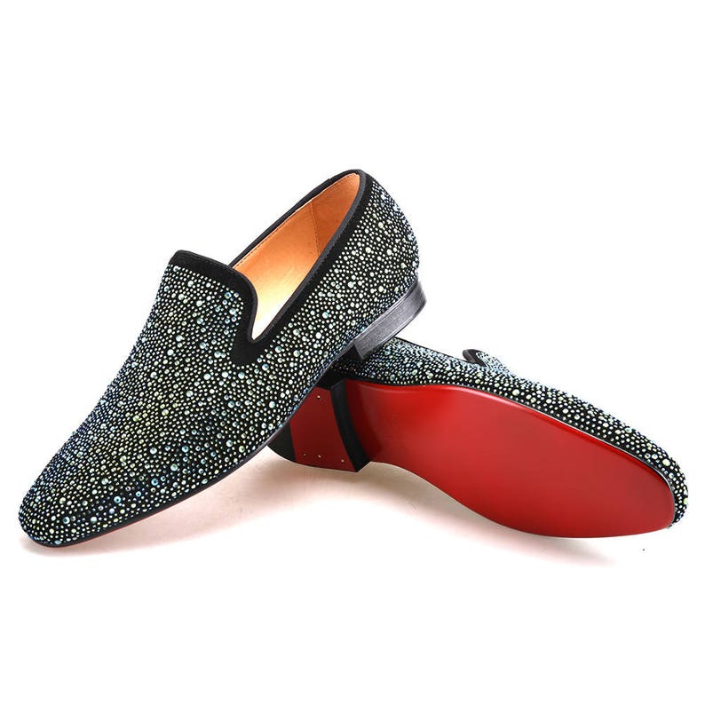 Merlutti Black Suede Green Crystals Prom Wedding Flat