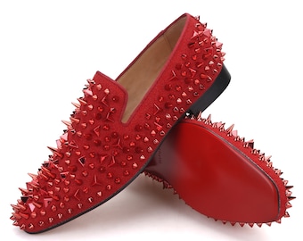 red rhinestone dress shoes FERUCCI Red Spikes Slippers Loafers Flat With Red Rivets Crystal GZ Rhinestone Prom Wedding