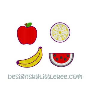 May include: Four embroidered fruit designs: a red apple, a yellow banana, a lemon slice, and a watermelon slice. Each fruit has a purple outline. The text "designsbyLittleBee.com" is at the bottom.
