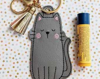 Fancy Cat – “Backwards” Lip Balm Holder – Snap Tab & Eyelet Key Fob - Instant Download Embroidery Design