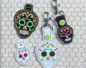 sugar skull key fob AND snap tab design for 4x4 hoop - keychain, key fob, day of the dead key ring - machine embroidery design 05 12 2017