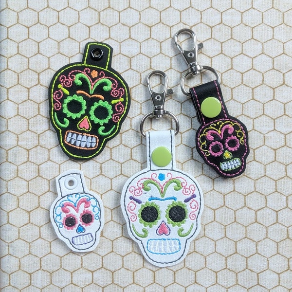 sugar skull key fob AND snap tab design for 4x4 hoop - keychain, key fob, day of the dead key ring - machine embroidery design 05 12 2017