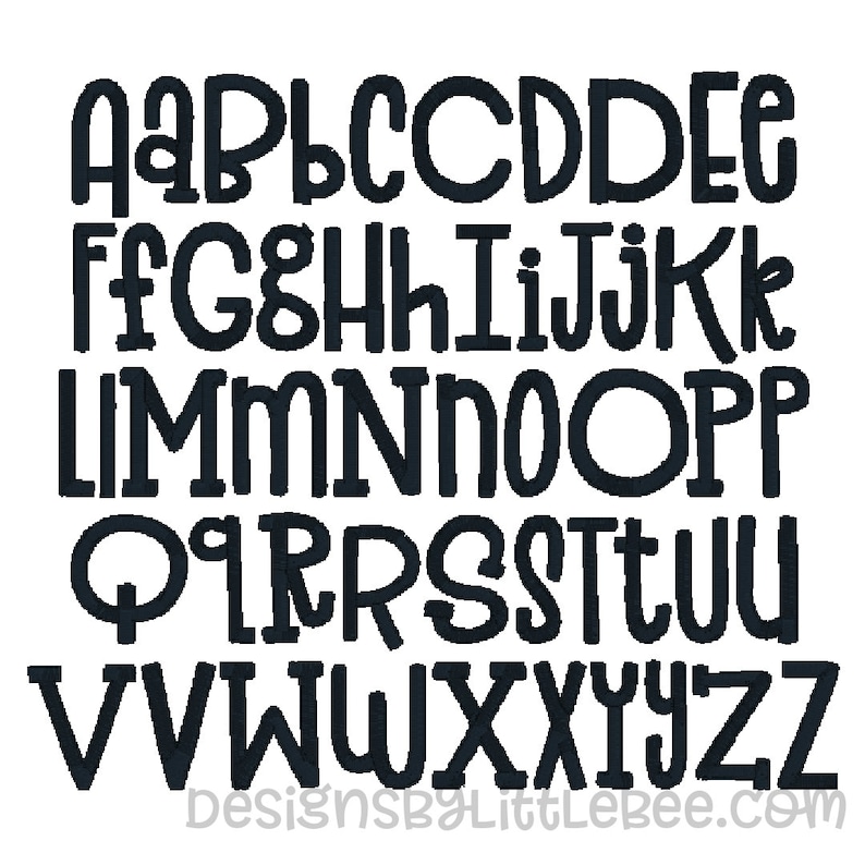 May include: Black and white alphabet letters in a rounded, playful font. The letters are arranged in alphabetical order from A to Z. The letters are outlined in black and filled in with white. The letters are all the same size and are centered on the page. The letters are set against a white background. The text "DesignsByLittleBee.com" is at the bottom of the image.