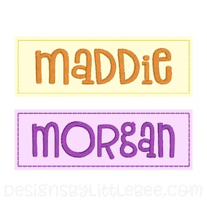 May include: Two embroidered name tags, one with the name "MADdie" in orange on a yellow background and the other with the name "MORgan" in purple on a lavender background.