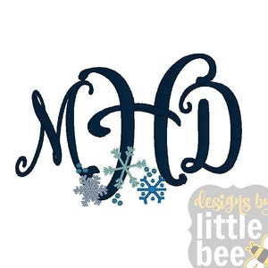 May include: A monogram design with the letters "MHD" in a dark blue cursive font. The letters are decorated with blue and white snowflakes.