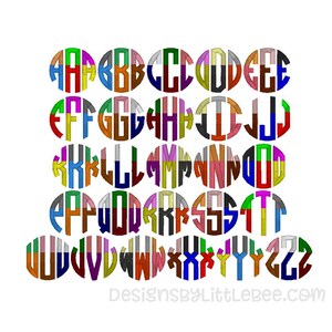 May include: A set of monogram letters in a variety of colours, each enclosed in a circular shape. The letters are divided into segments with colours like green, blue, yellow, and red. The design is set against a white background. The text "DesignsbyLitteLeebee.com" is at the bottom.