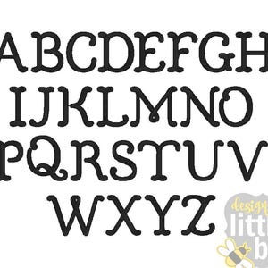 May include: A black and white alphabet font with a vintage style. The letters are uppercase and have a slightly rounded, cursive look. The font is called "Designs by Little Bee Inc."