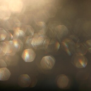 May include: An abstract image with a blurred focus, showing many out-of-focus, hexagonal shapes in gold and brown tones. Some shapes have a rainbow iridescence. The overall effect is soft, glowing, and dreamlike.