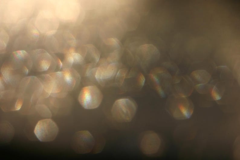 May include: An abstract image with a blurred focus, showing many out-of-focus, hexagonal shapes in gold and brown tones. Some shapes have a rainbow iridescence. The overall effect is soft, glowing, and dreamlike.