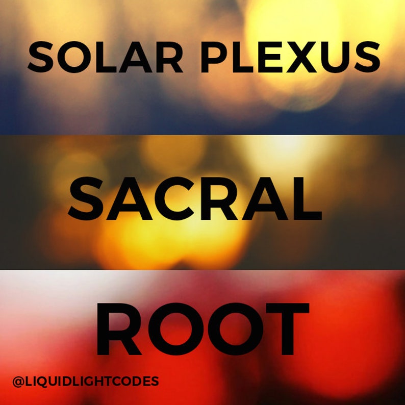 K&ouml;nnte beinhalten: Eine Grafik mit drei W&ouml;rtern, "Solar Plexus", "Sacral" und "Root", die auf einem verschwommenen Hintergrund aus Gelb, Orange und Rot angezeigt werden.
