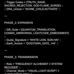 May include: A black and white text document with the title "STEPHANIE" and a list of phases with descriptions. The phases include "Reclamation", "Expansion", "Transmission", and "Sovereign Return".