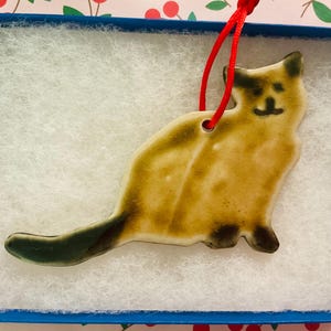 May include: A ceramic cat ornament with a red ribbon for hanging. The cat is tan with dark brown accents and a black face. It is presented in a blue box with white padding, set against a patterned background.