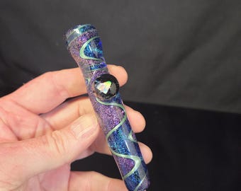 Magenta and Green Dichro Glass Chillum Pipe with Opal