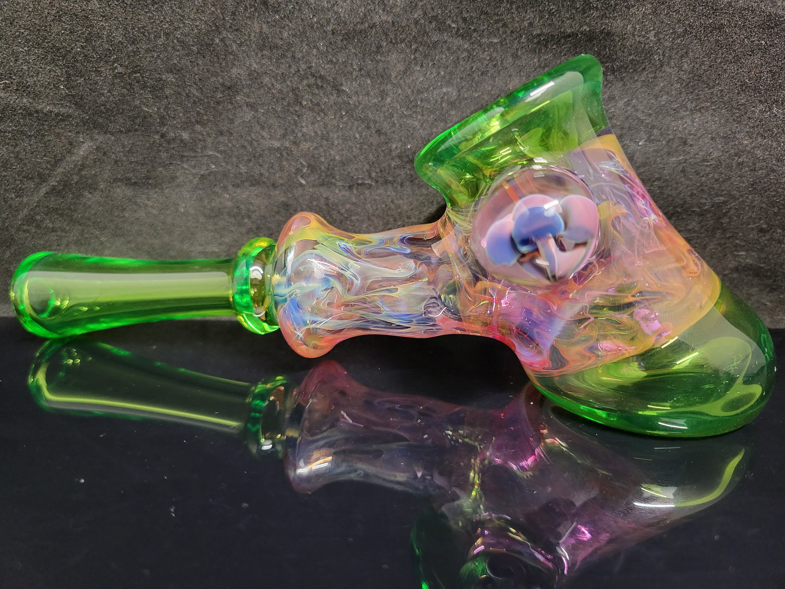 Lime Juice and Lavender Fumetech Glass Hammer Pipe with Mushroom Cluster