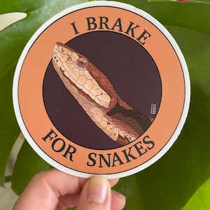 May include: Circular sticker featuring a snake illustration in shades of brown and tan, set within a brown circle. The text "I BRAKE FOR SNAKES" is printed around the circle. The sticker is held in front of a green leaf.