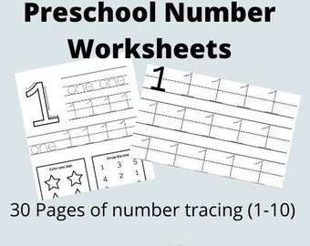 30 pages of printable preschool handwriting number worksheets - Digital download - tracing numbers, recognition and lines - instant download