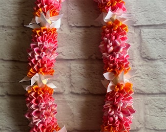 Prachtige oranje en roze ombré gelaagde lei met houten kralen, handgemaakte linten lei