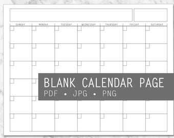 Blank Calendar Page with area for month year - Minimal Modern Month - Sunday Start SS - 8.5 x 11 pdf png jpg landscape