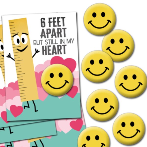 Valentine's Day Cards with Yellow Smiley Face Buttons - 25 PACK - Pins Favors - kids classroom nurses teachers 6 ft apart still in my heart