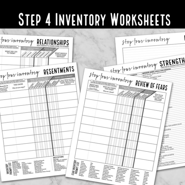 Step 4 Inventory Worksheets and Bonus Serenity Prayer Printable --- 12 Step Program AA NA Addiction Sobriety Recovery Instant Download pdf