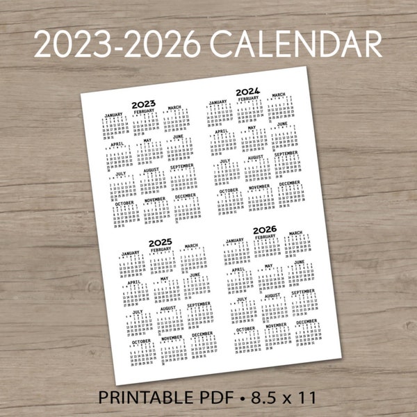 2023-2026 Calendar - Instant Download Printable Page - 4 Year View Minimalist - letter pdf portrait vertical SS simple basic