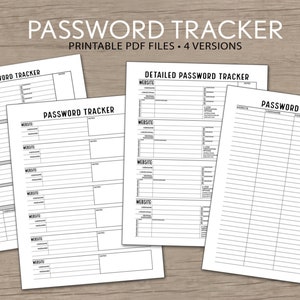 Password Tracker with 4 options - simple, vital, detailed (2-step verification, updates, security questions), combo - 8.5x11 pdf Printable