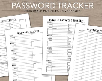 Password Tracker with 4 options - simple, vital, detailed (2-step verification, updates, security questions), combo - 8.5x11 pdf Printable