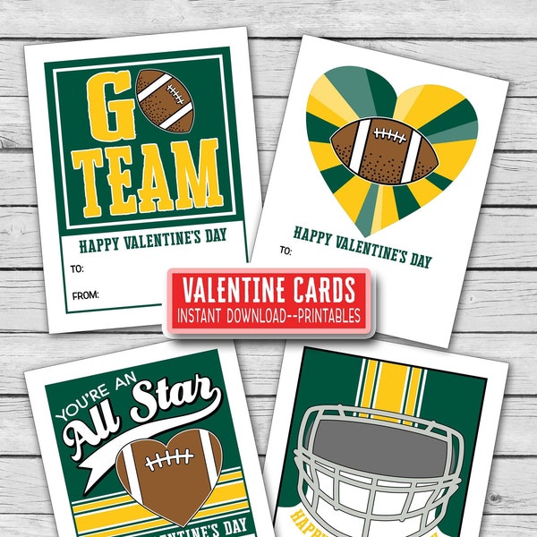 Football Valentines Day Cards - Green Yellow Colors - Sports Kids Classroom school Super Party PDF files -- Printable Instant Download bay