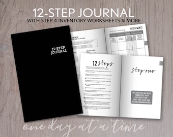 12 Step Journal - includes Step 4 Worksheets and Step 10 Inventory - AA NA al-anon Addiction Sobriety Recovery 6"x9" 96 pages black cover