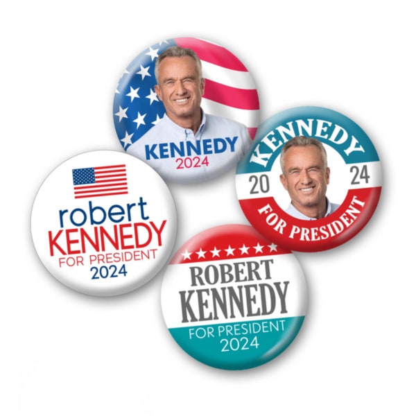 Robert Kennedy 2024 4-Pack Buttons - 2.25" Circle Pin - Modern Democrat Convention Photo Design and Preppy usa Flag - RFK JR