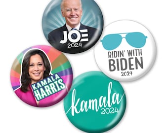 Joe Biden Kamala Harris 2024 Buttons - 4-PACK 2.25" Pins - Modern Democrat Photo Designs - pop art, bright campaign, primary campaign