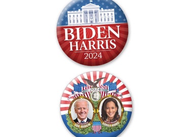 Joe BIDEN Kamala HARRIS 2024 Buttons - 2.25" Circle Pin - Red White Blue Jugate Photo and White House Design 7247