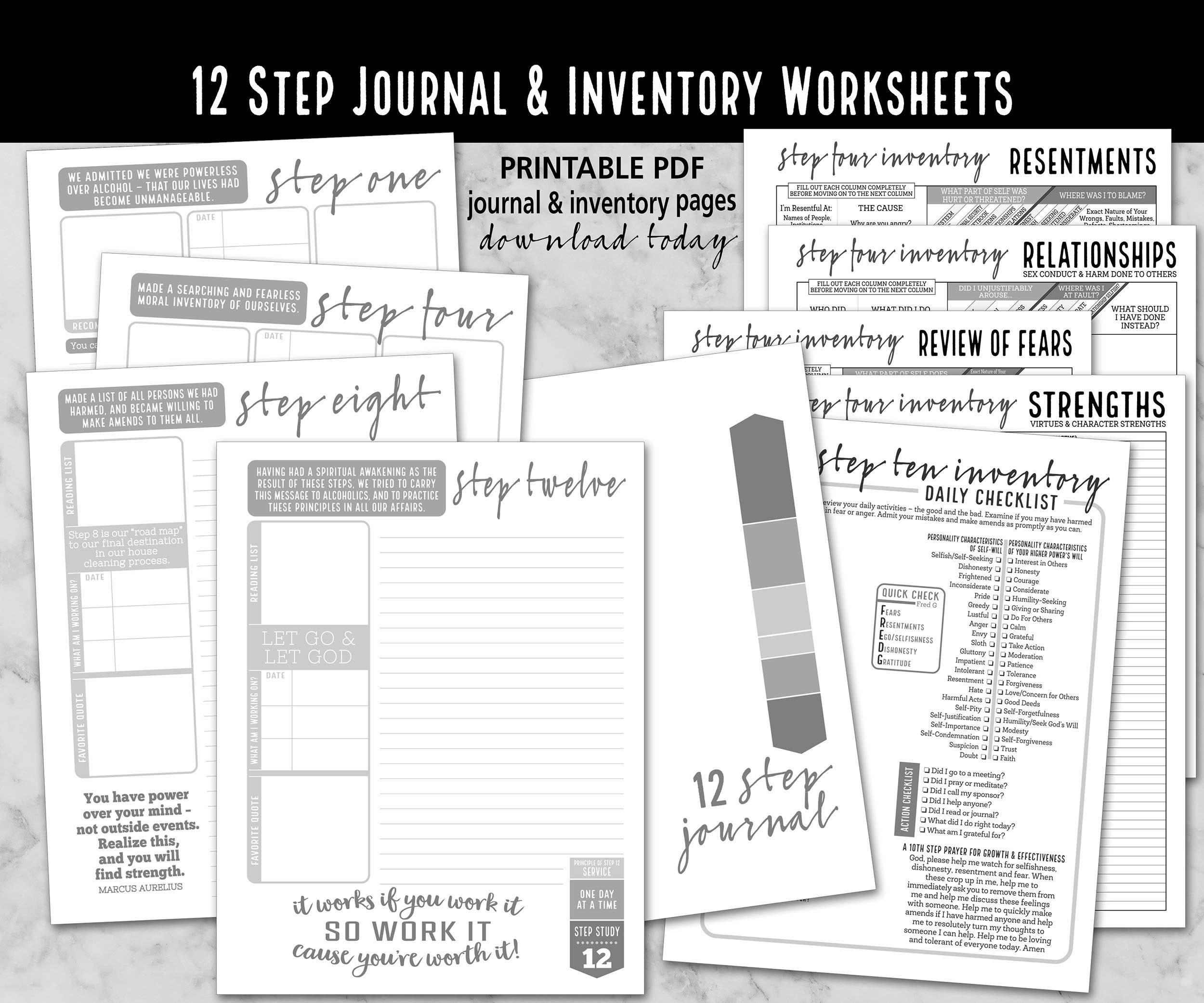 12 Step Journal PLUS Step 4 Worksheets and Step 10 Inventory ---- Instant Download Printable 8.5x11 pdf